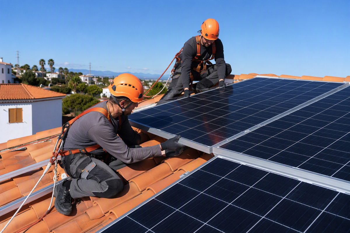 Técnicos de Almería Energía Solar instalando placas solares en un tejado